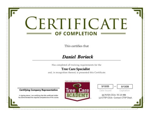 Tree Care Specialist certificate of completion from Tree Care Academy for Daniel Boriack with date details